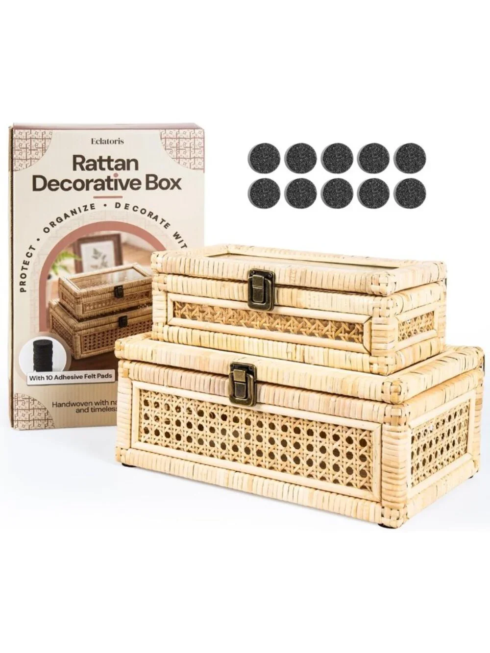 Boho Rattan Decorative Box with Lid & Lock | Wicker Storage Organizer with Felt